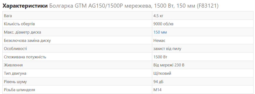 Кутова шліфмашина GTM 150 мм AG150/1500P Болгарка мережева КШМ 1500 Вт F83121 фото
