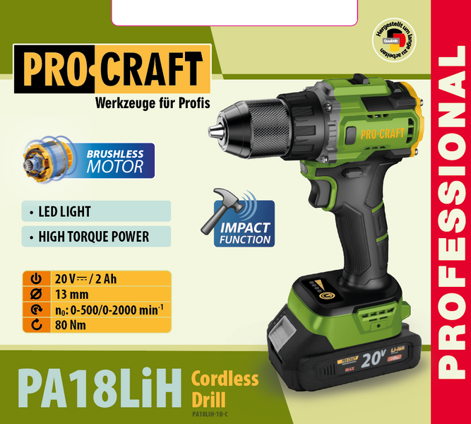 Безщітковий шуруповерт акумуляторний Procraft PA18LiH &mdash; 20 В, 1 АКБ 2 А&middot;г, зарядний пристрій, кейс ПК001820 фото