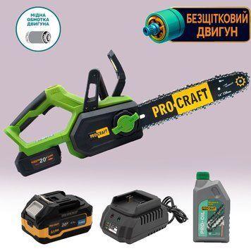 Безщіткова акумуляторна ланцюгова пила Procraft PKA60 &bull; 20 В &bull; 12" шина &bull; АКБ 4 А&middot;год &bull; Автозмащення ПК111236 фото