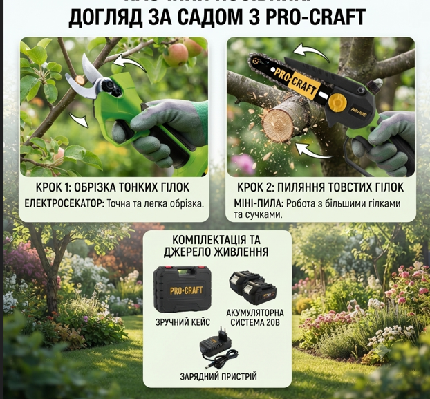 Набір акумуляторного інструменту Procraft PA-168SET (пила + секатор, 2 АКБ, кейс) PA-168SET фото