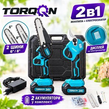 Акумуляторний набір 2 в 1 Torqon 24 В: мініпила 6/8" та електросекатор, 2 АКБ, кейс К11 фото